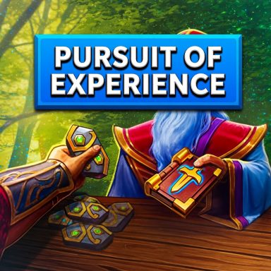 Pursuit of Experience A wizard sits at a table, holding a book, with cards and a glowing hand in a forest setting.