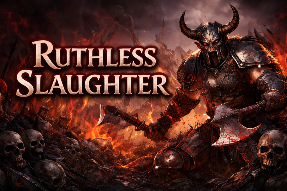 A fierce warrior in armor stands in flames, holding an axe amidst skulls.