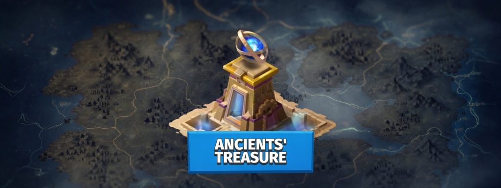 Ancients' Treasure Ancient treasure structure with blue gemstone atop, labeled "Ancient Treasure."
