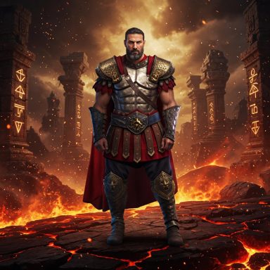 A muscular warrior in armor stands confidently amidst a fiery, ruined landscape.