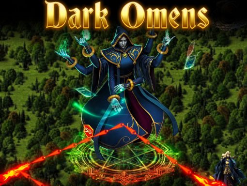 Dark Omens A cloaked figure casting spells surrounded by mystical energy and symbols in a forest.