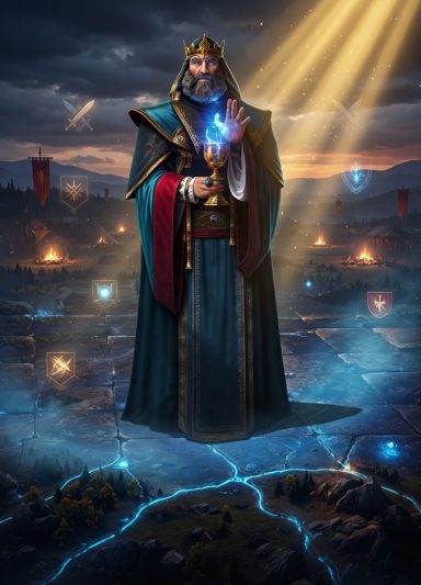 A regal king stands with a glowing staff, illuminated by beams of light above a dark landscape.