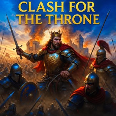 Clash for the Throne A medieval king leads soldiers in battle, with a fiery sky in the background.