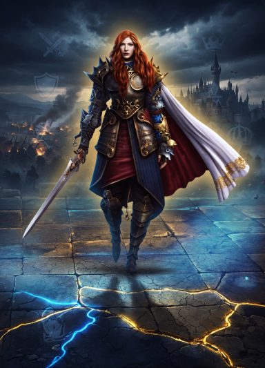 A female warrior with red hair stands in armor, holding a sword amidst a mystical background.