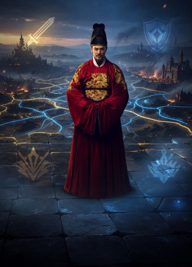 A figure in a red traditional robe stands against a mystical background with glowing symbols.