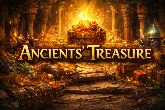 Treasure chest surrounded by gold and jewels in an ancient, mystical setting.