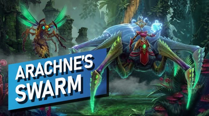 Arachne's Swarm A giant spider with glowing features in a mystical forest setting, with a smaller creature nearby.