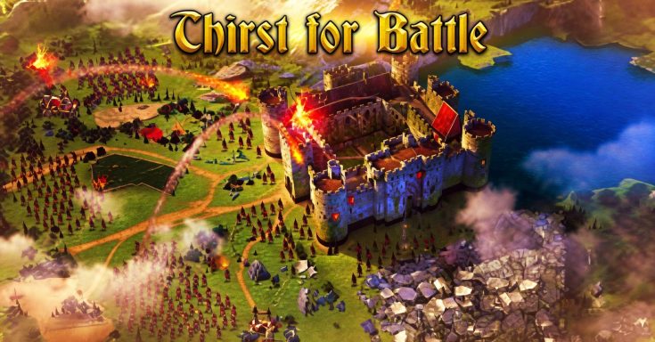 Thirst for Battle Colorful medieval battle scene with a castle, army, and landscape. Title: "Chest for Battle."