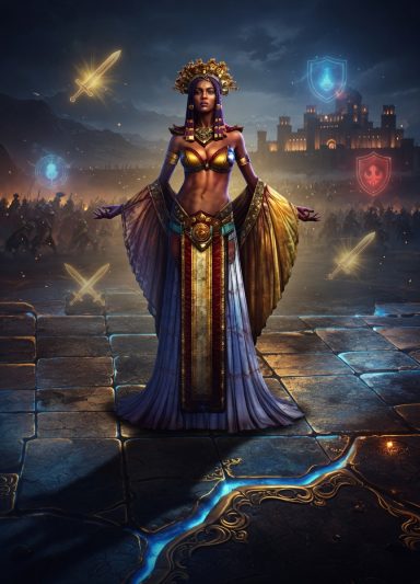 A regal woman in ornate attire stands confidently amidst a mystical backdrop.