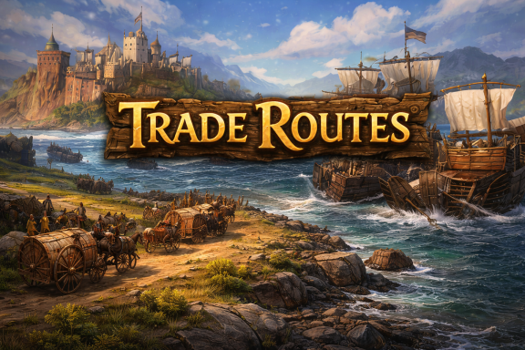 Landscape featuring a coastal scene with a castle, ships, and rocky shores; "Trade Routes" title displayed.