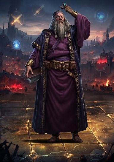 An elderly wizard in purple robes holds a staff, standing amidst a fiery, mystical landscape.