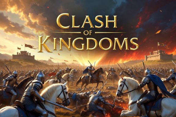 Clash of Kingdoms Battle scene featuring knights clashing, with castles and a dramatic sky in the background.