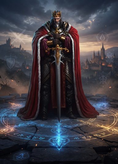 A regal king standing proudly with a sword, surrounded by magical glowing symbols and a grand background.