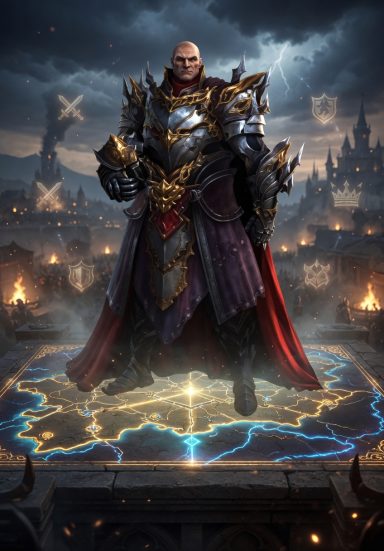 A powerful knight in ornate armor stands on a glowing symbol amidst a dark, stormy backdrop.