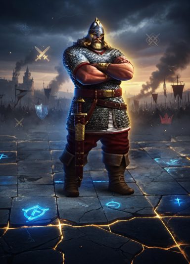 A muscular warrior in medieval armor stands confidently against a dramatic sky.