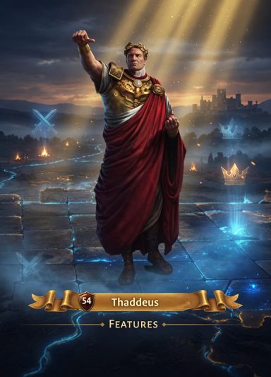 A regal figure in a red robe gestures confidently, surrounded by a mystical landscape.
