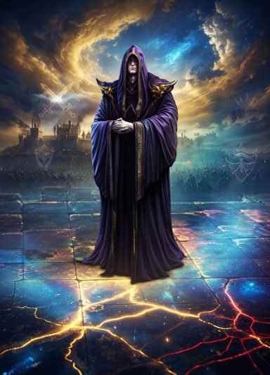 A mysterious cloaked figure stands against a vibrant, surreal backdrop of swirling colors.