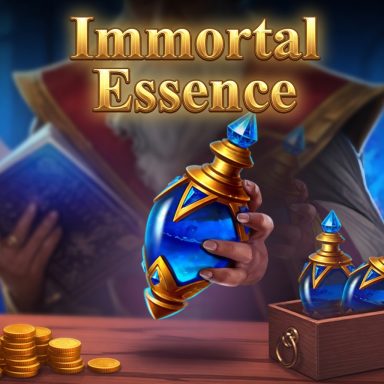 Immortal Essence A glowing blue potion held in a hand, with gold coins and books nearby.