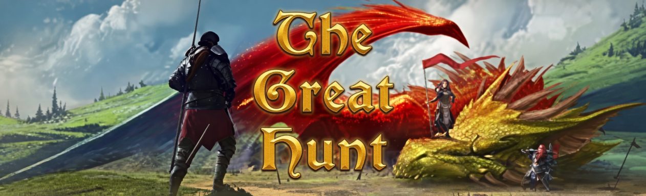 The Great Hunt A fantasy scene featuring a hunter, a large colorful creature, and rolling hills.