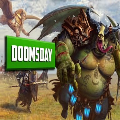 Doomsday Fantasy scene featuring a monstrous green creature with a "Doomsday" title in bold text.