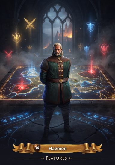 A man in a green coat stands in a mystical room with glowing symbols and a map below.