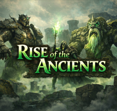 Fantasy scene featuring ancient stone giants in a mystical landscape with green glowing magic.