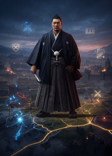 A samurai stands confidently in traditional armor, with a mystical landscape behind him.