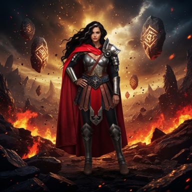 A heroic figure in armor and a red cape stands amidst a fiery, rocky landscape.