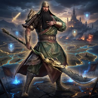 A warrior in ornate armor wields a scythe, standing against a mystical, stormy backdrop.